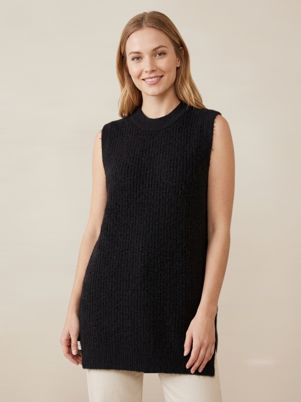 Black Sleeveless Tunic Knit Sweater Vest Crew Neck EUC